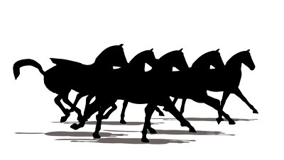 Run Of Small Herd Of Horses, Black Silhouette On White Background 
