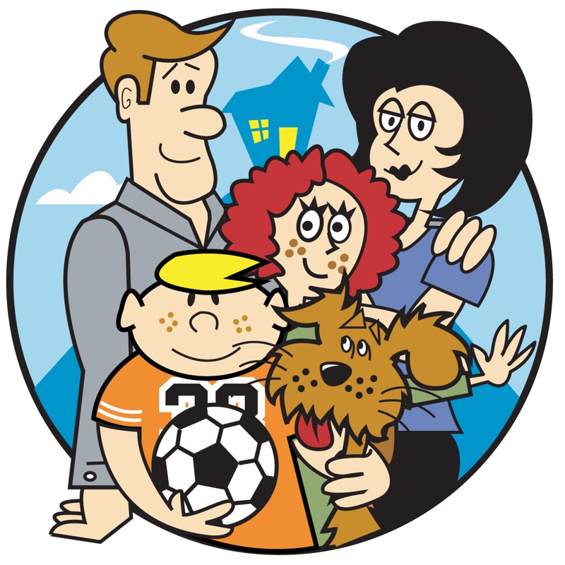 Cartoon Family Of 5 And A Dog 