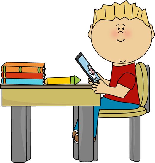 Boy Sitting at School Desk with a Tablet Clip Art - Boy Sitting at 