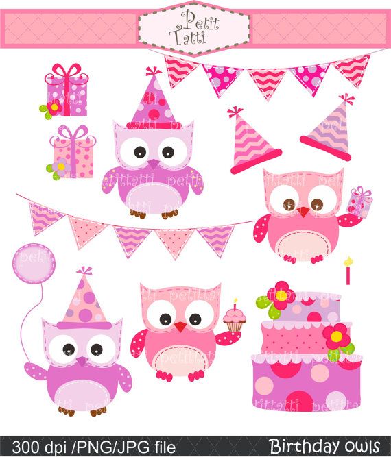 Happy Birthday Owls Digital clip art, Owls clip art, Pink, lilac 