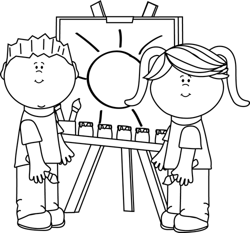 Black and White Kids Painting on Easel Clip Art - Black and White 