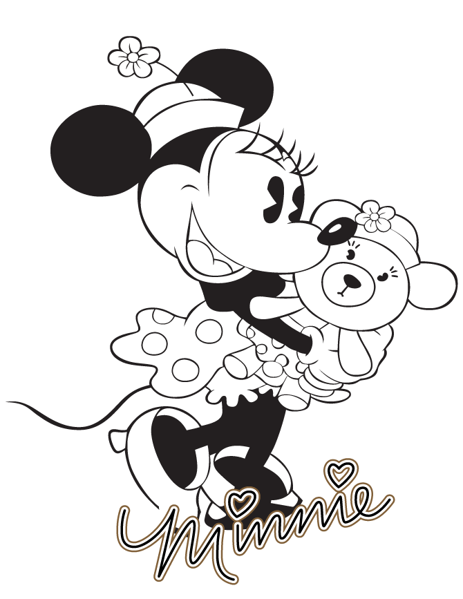 Classic Minnie Mouse With Teddy Bear Coloring Page | Free 