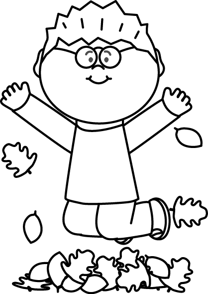 Black and White Boy Jumping in Leaves Clip Art - Black and White 