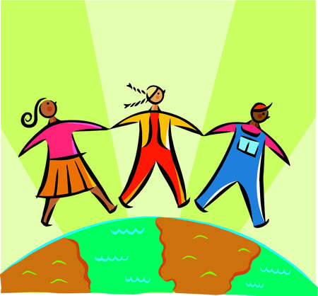 Stock Illustration - Three people holding hands and walking on top 