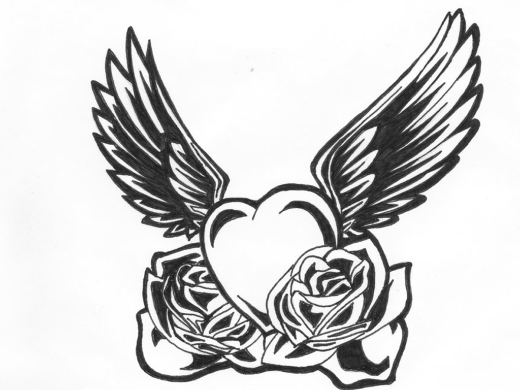 Black n White Heart Wings Tattoo Design 