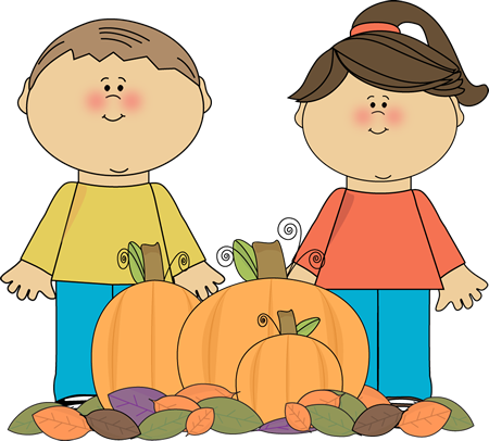 Kids with Fall Pumpkins Clip Art - Kids with Fall Pumpkins Image