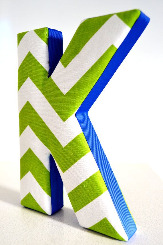 LETTER WALL ART Fabric Letter K in Green Chevron with Royal Blue Ri