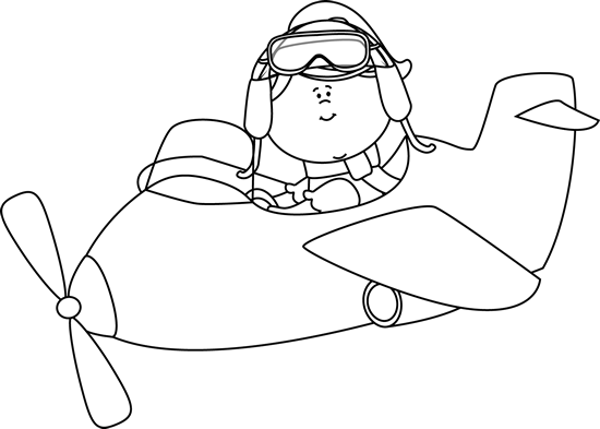 Black and White Little Girl Flying a Plane Clip Art - Black and 