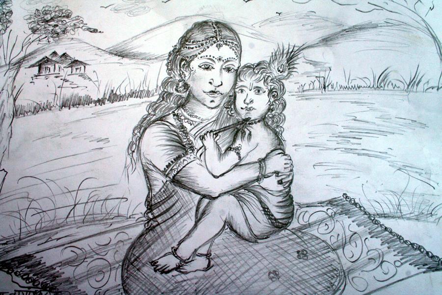A drawing of a little girl sitting on her mother