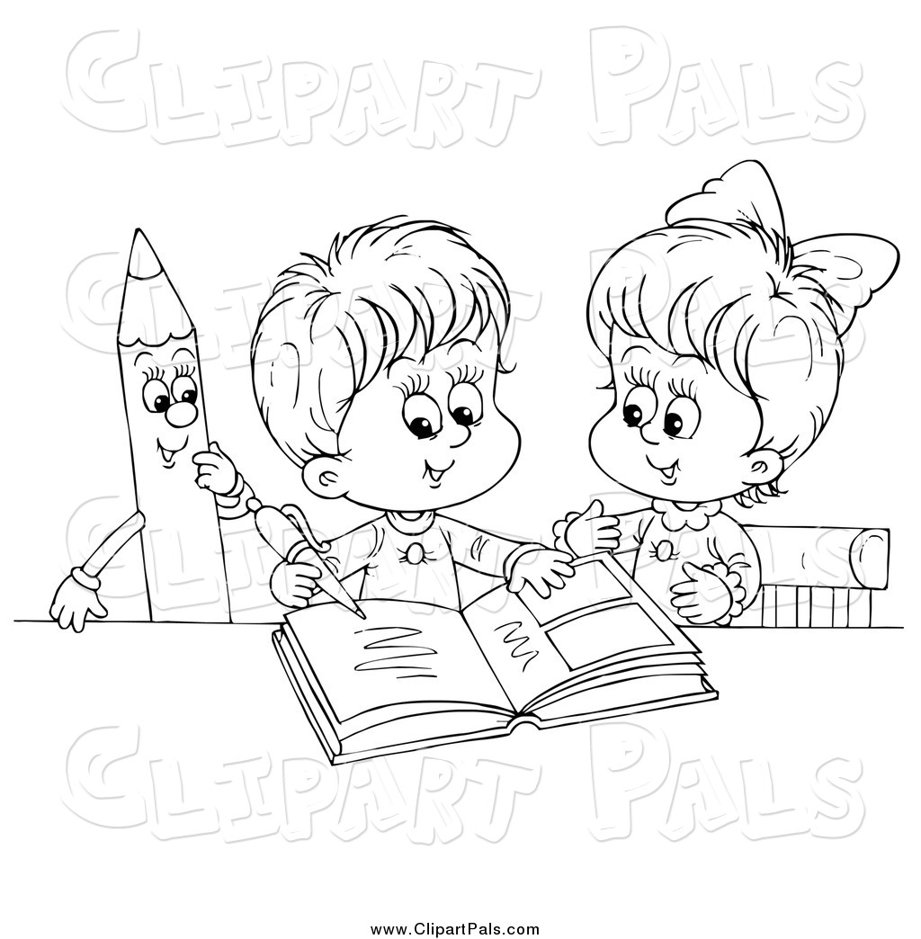 Pal Clipart of Black and White Children Writing in a Photo Album 