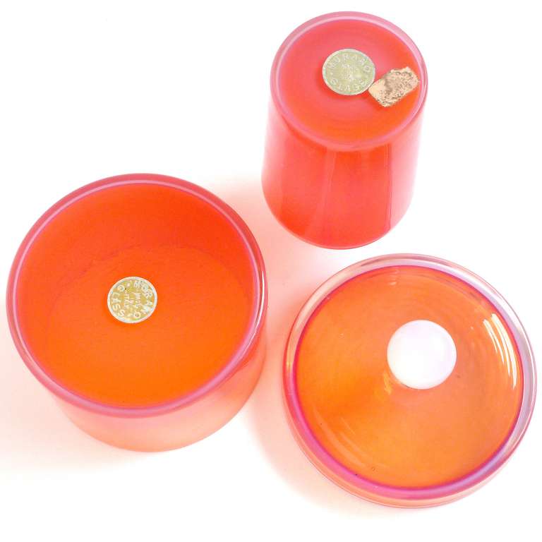 Murano, Orange and Pink, Opalescent Italian Art Glass Vases and 