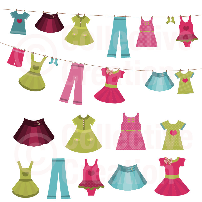 Girls Clothes on Line Clip Art Clipart Set by CollectiveCreation