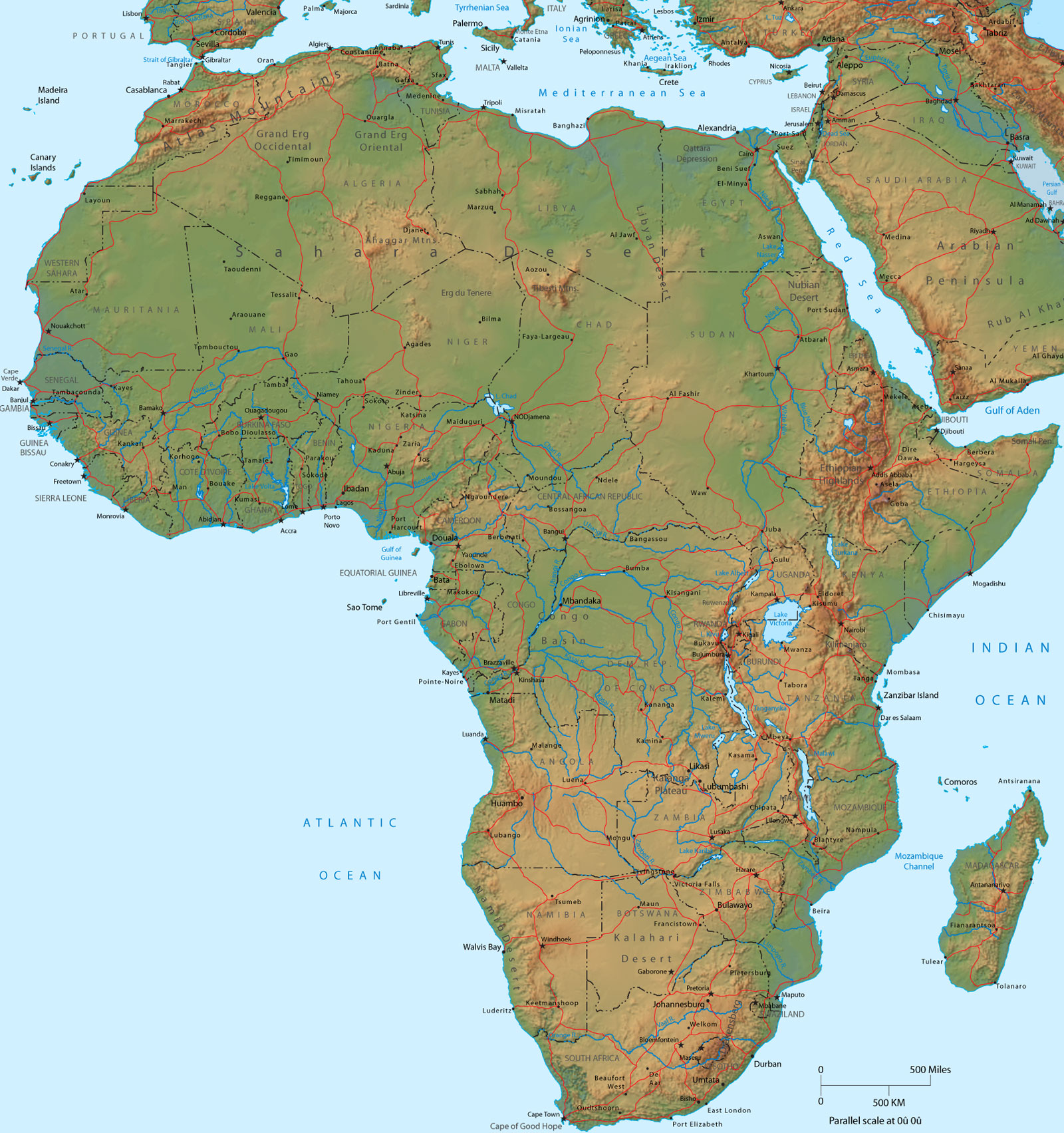 Africa, Physical Map - Travel