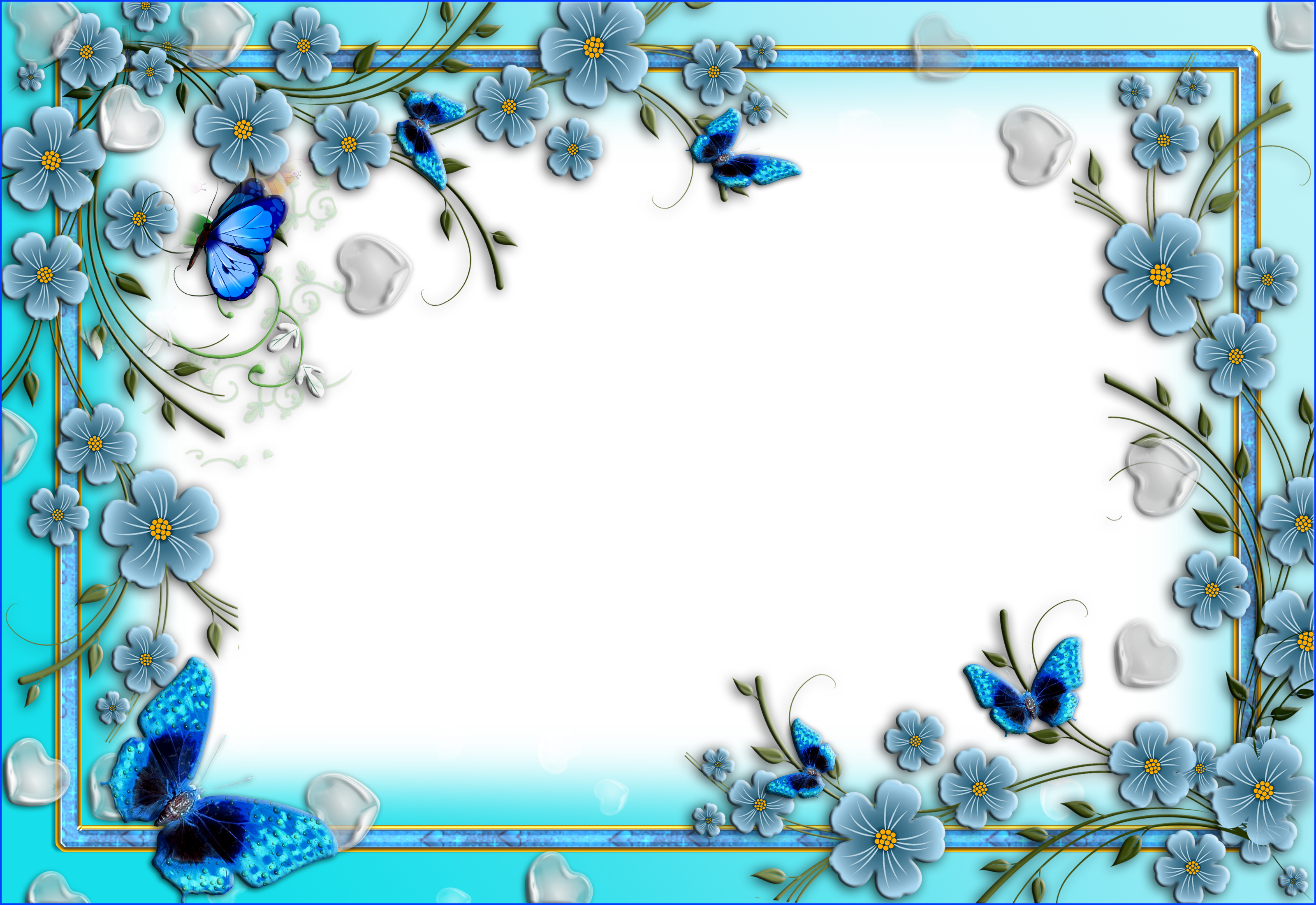 Blue Flowers Transparent PNG Photo Frame with Hearts and Butterflies