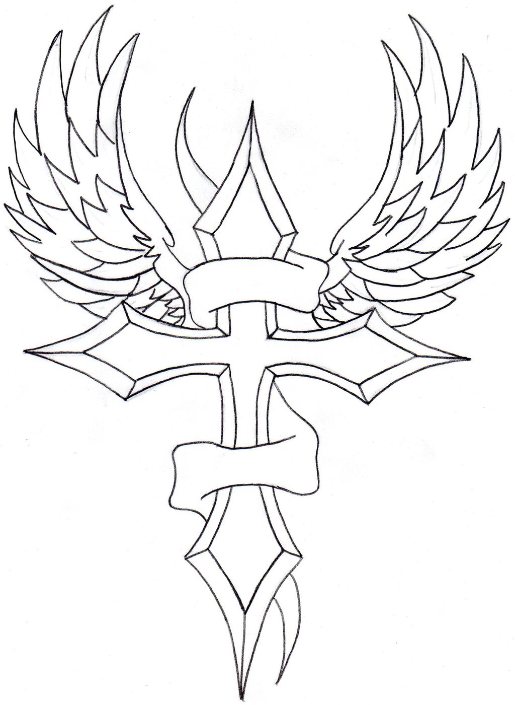 drawings of crosses with ribbons and wings