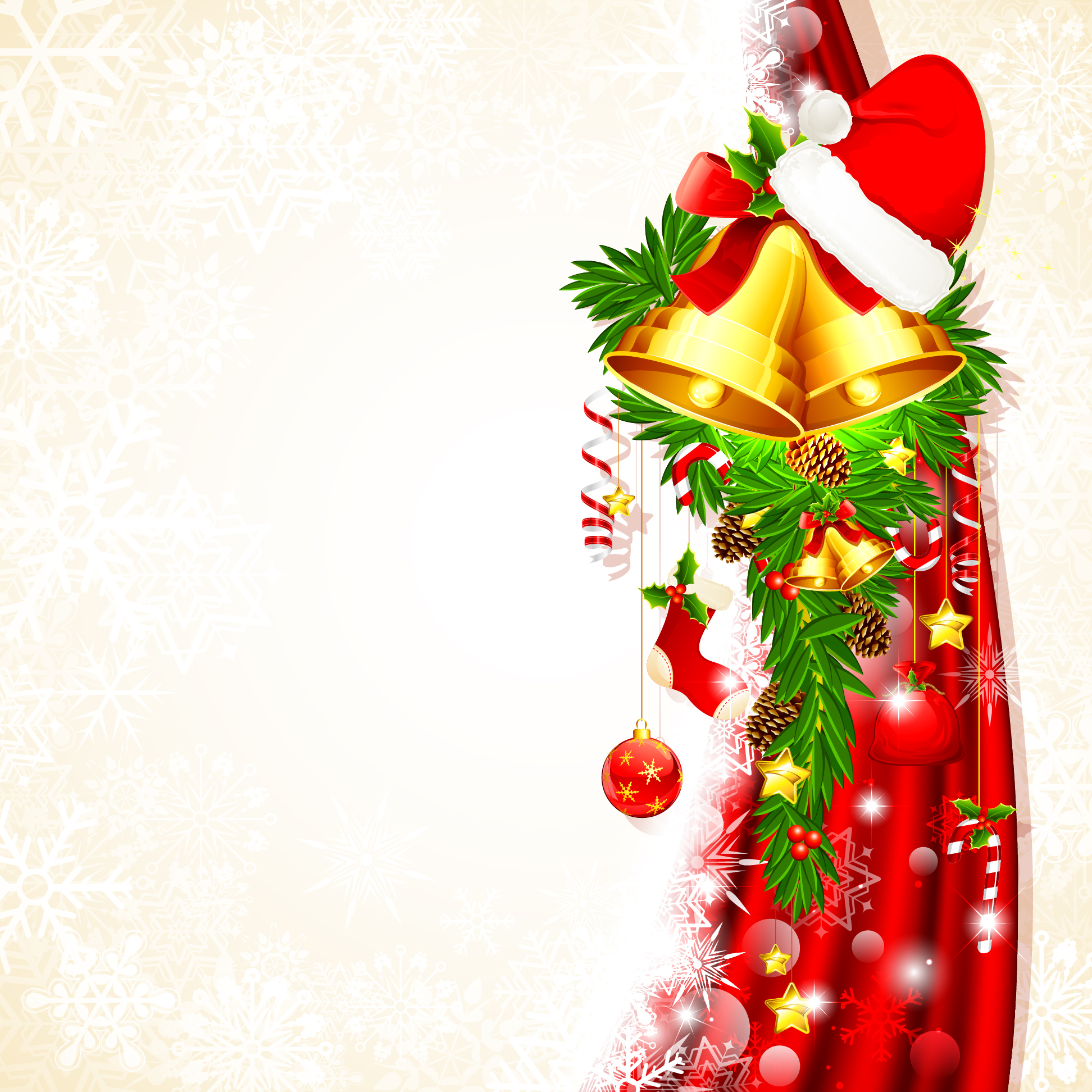 Christmas background with bells and Santa Claus hat vector 
