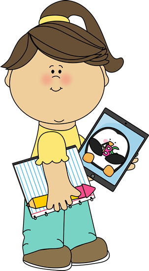 Girl with School Supplies and Tablet Clip Art - Girl with School 