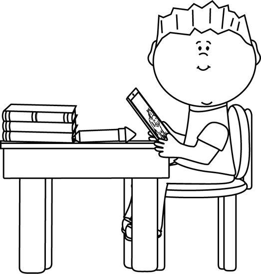 Black and White Boy at School Desk with Tablet Clip Art - Black 