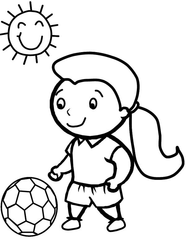 A Cute Little Girl Playing Soccer in a Sunny Day Coloring Page 