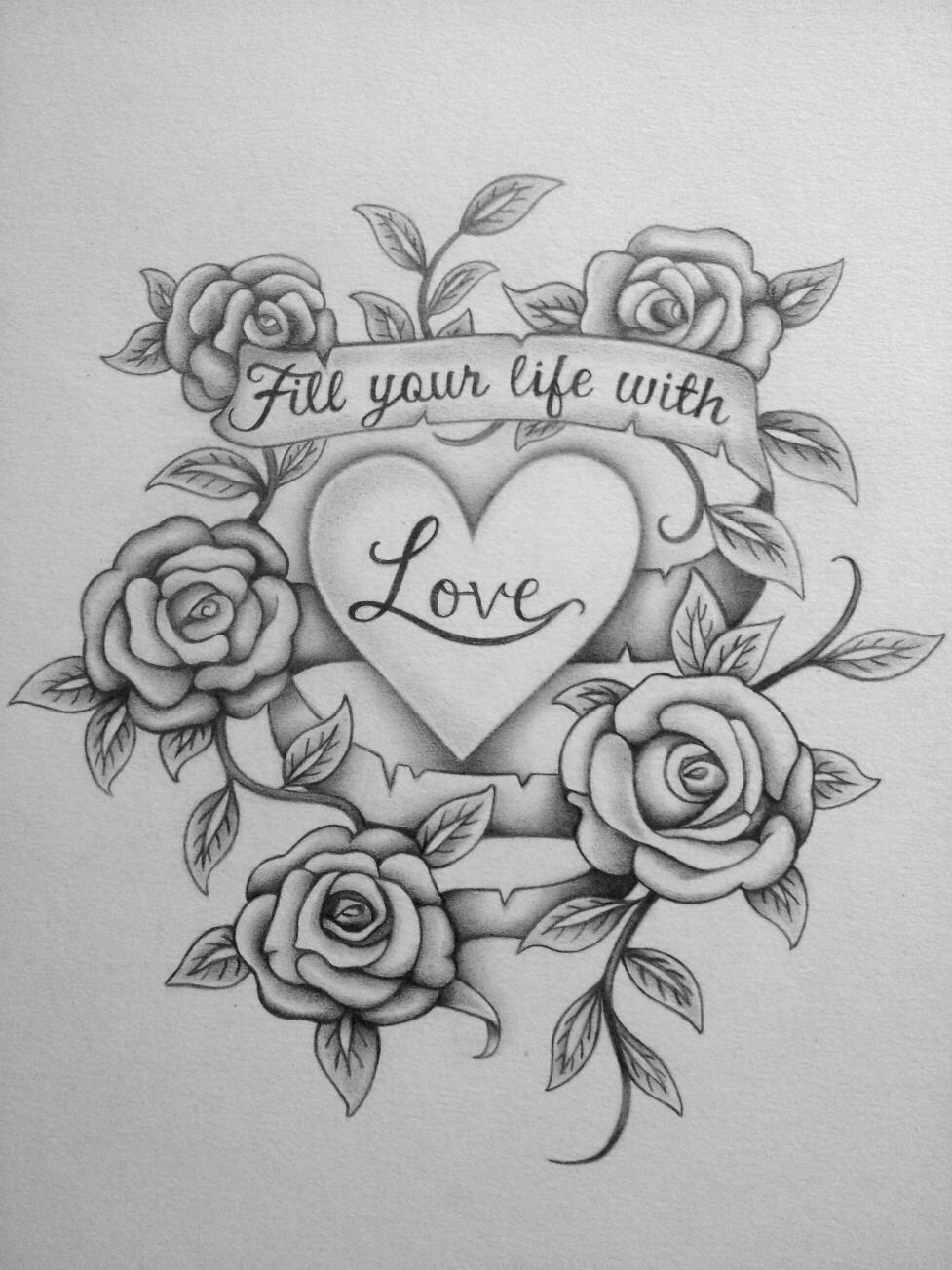 Heart and Rose Drawings in Pencil