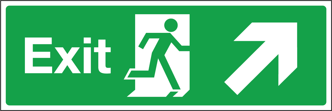 Exit sign running man arrow diagonally up right. - Safety Signs 