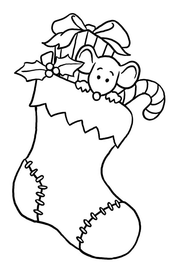 Little Mouse Hidding on Christmas Stocking Coloring Page | Kids 