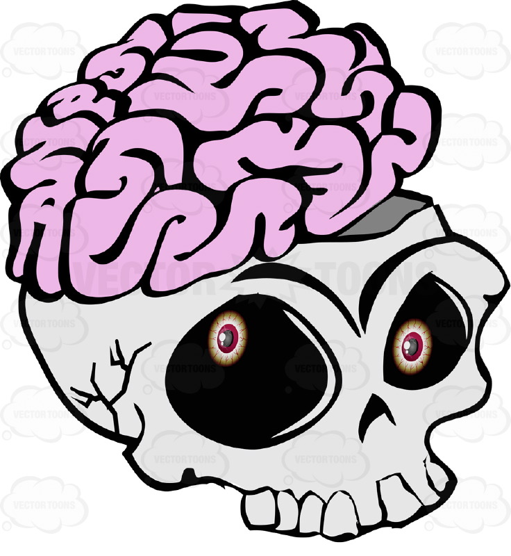 Cartoon Skull Open Showing Exposed Brain Overflowing Missing Lower 