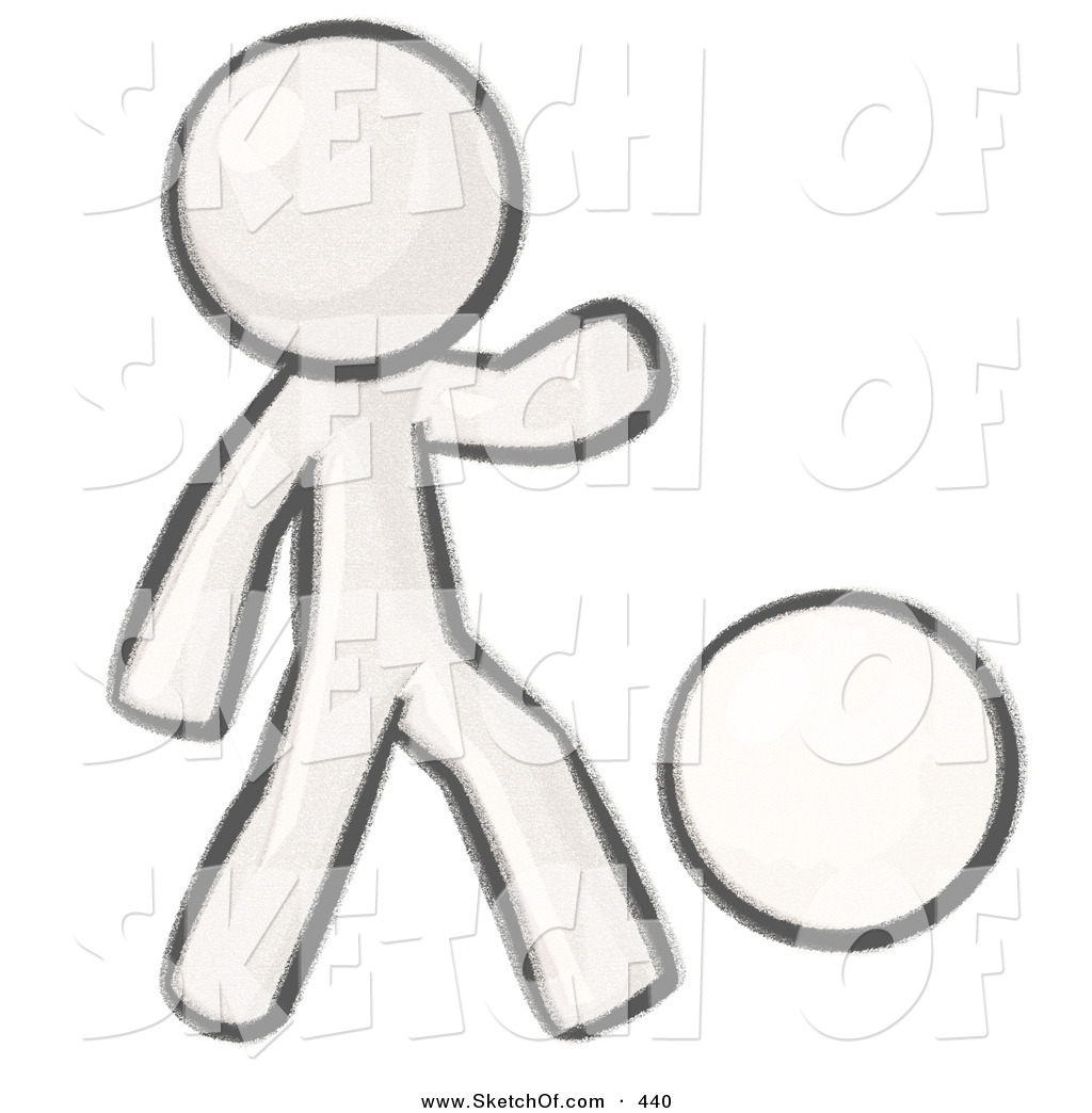 Drawing of a Sketched Design Mascot Man Kicking a White Ball on 