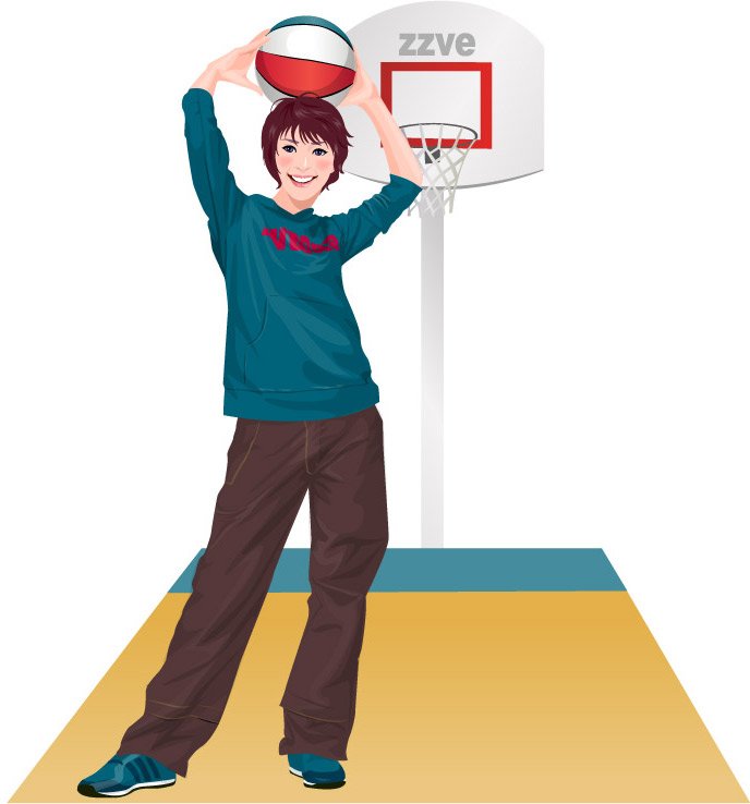 Cartoon girls and indoor basketball court basketball Vector Korea 