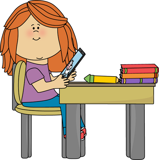 Girl Using Tablet in School Clip Art - Girl Using Tablet in School 