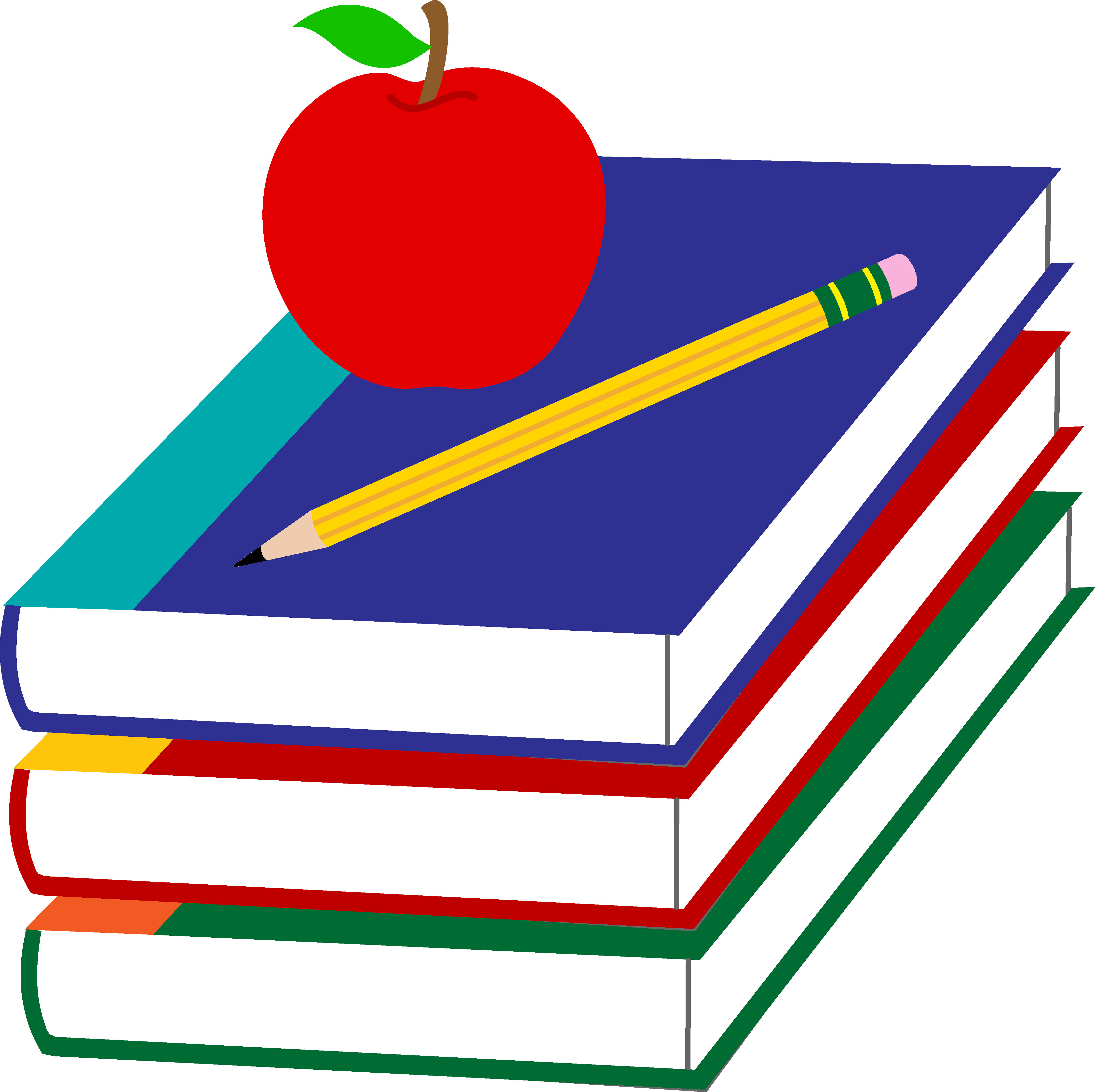 School Books With Apple and Pencil - Free Clip Art