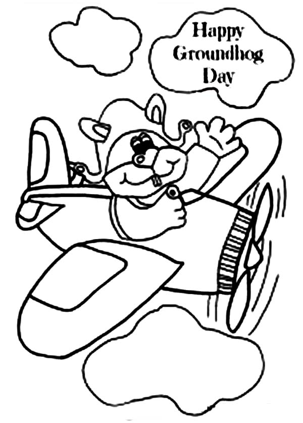 A Groundhog in an Airplane Say Happy Groundhog Day Coloring Page 