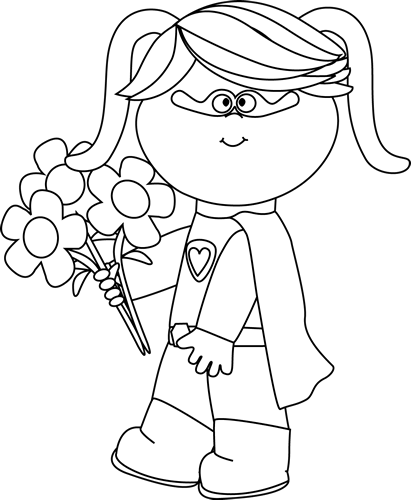 Black and White Valentine Superhero Girl with Flowers Clip Art 