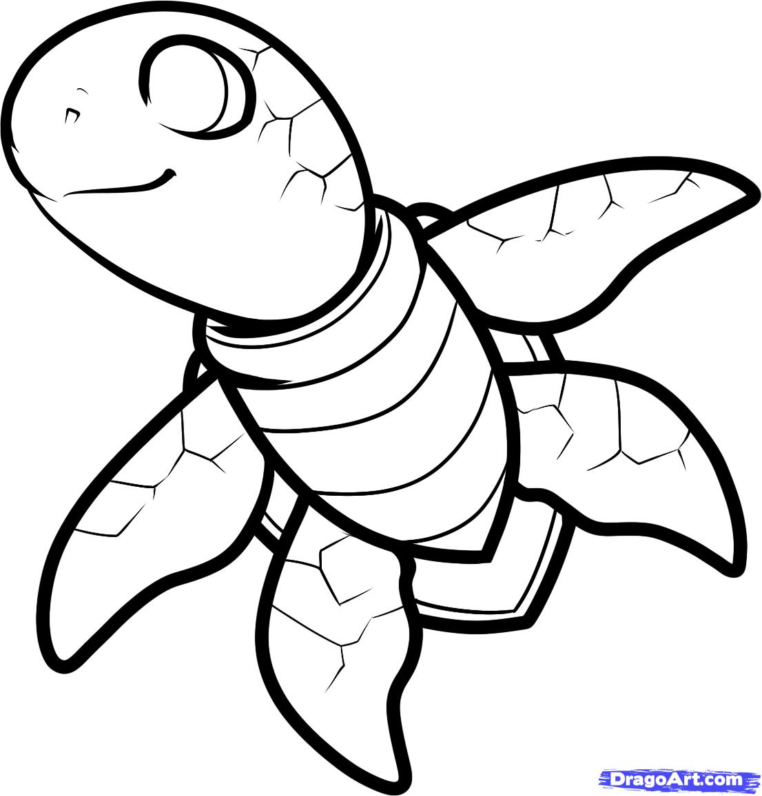 How to Draw a Sea Turtle, Cartoon Sea Turtle, Step by Step 