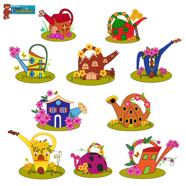 Watering Can Houses - $5.00 : Clipart for embroidery, Assorted 