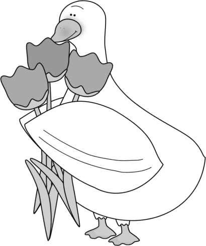Black and White Duck Picked Flowers Clip Art - Black and White 