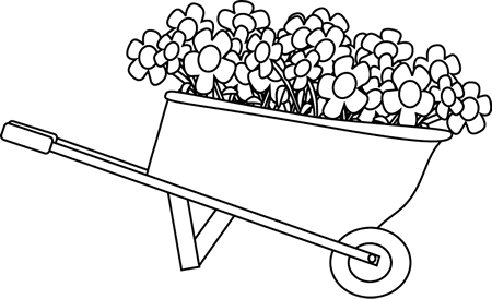 Black and White Wheelbarrow Filled with Flowers Clip Art - Black 
