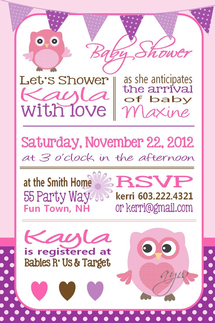 Owl Baby Shower Invitation Owl Bunting Pink Green Purple - Baby 