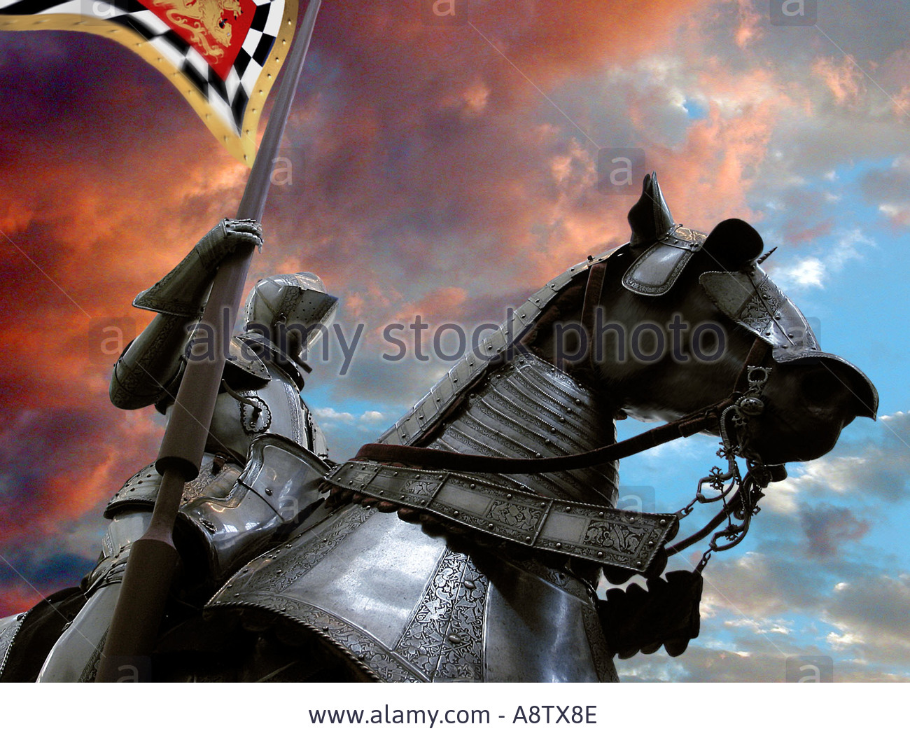 A Knight In Shining Armor On His Black Armored Horse Holding A 