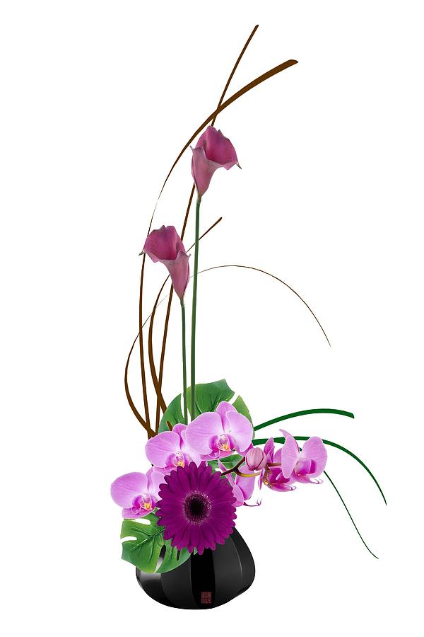 Japanese Floral Arrangement - Ikebana Purple Flowers Calla Lillies 