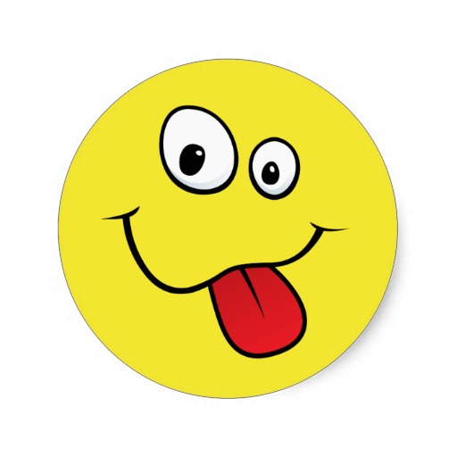 Funny goofy smiley sticking out his tongue, yellow round sticker 