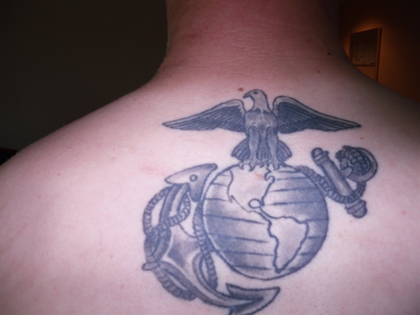 Eagle Globe n Anchor Tattoo On Upper Back 