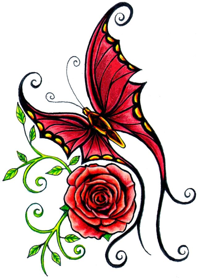 simple rose an butterflies tattoo design - Artistic Rose and 