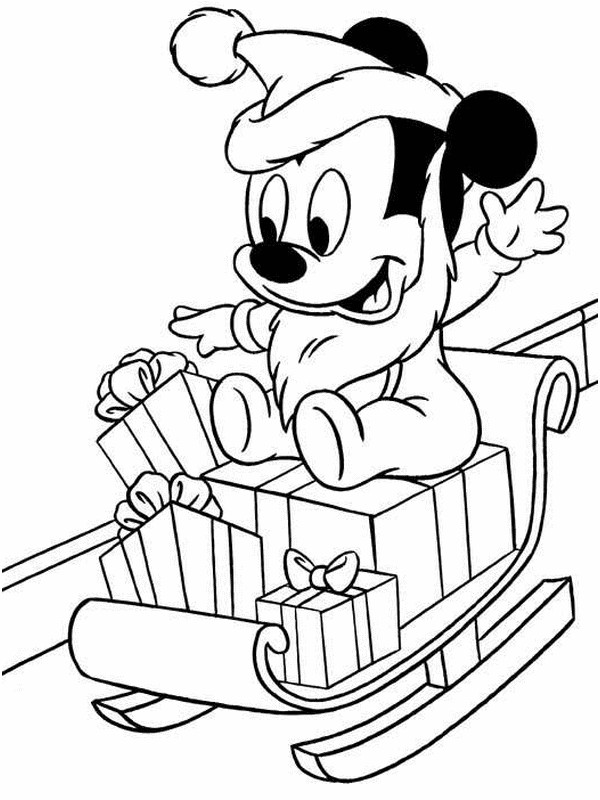 Baby Mickey Riding a Sleigh on Christmas Coloring Page - Free 
