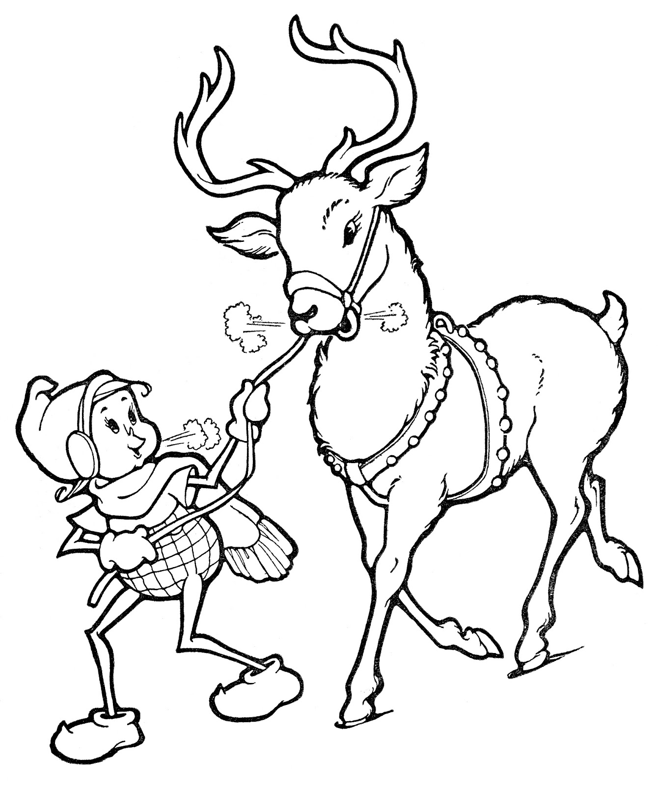 Christmas Line Art - Elf with Reindeer - The Graphics Fairy