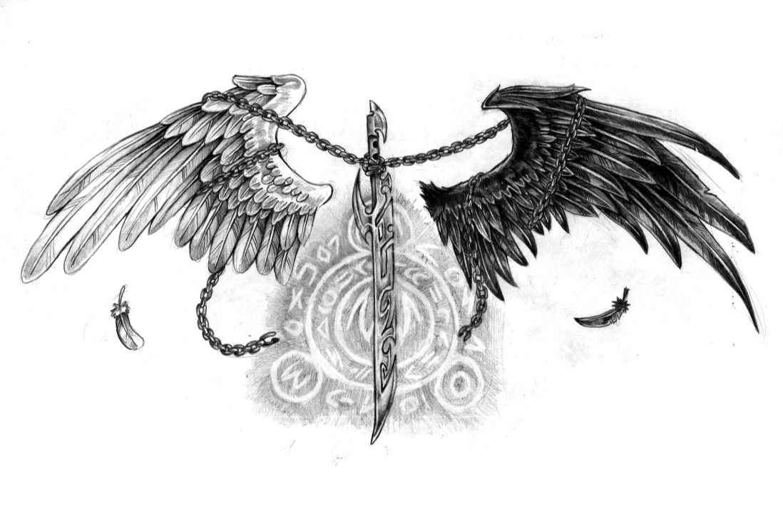 White  Black Angel Wings  Sword Tattoo Design 