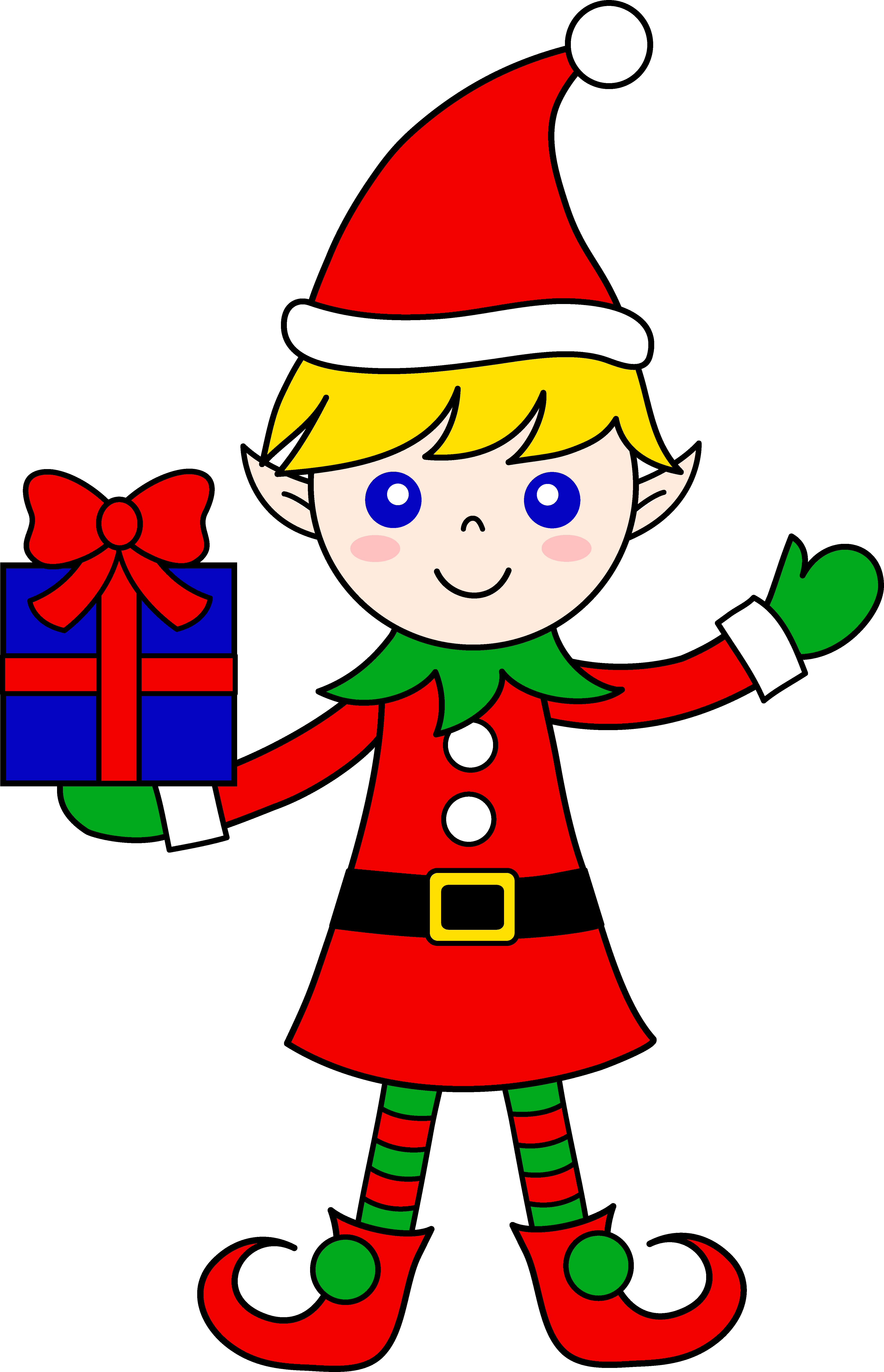 Cute Christmas Elf With Gift - Free Clip Art