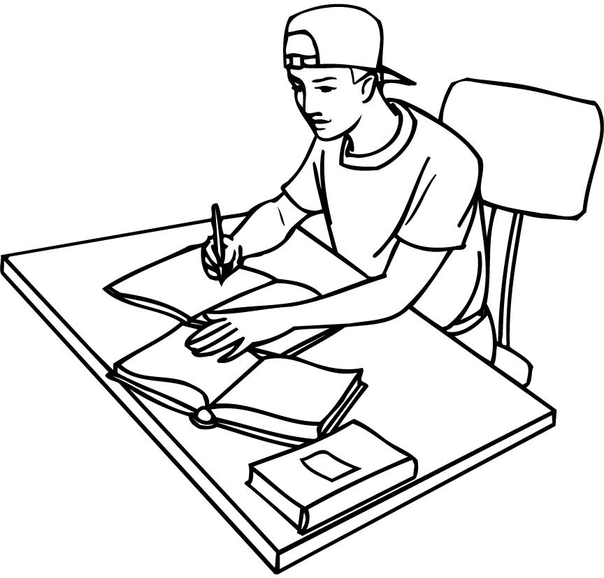 printable outline of a student studying with books - Coloring 