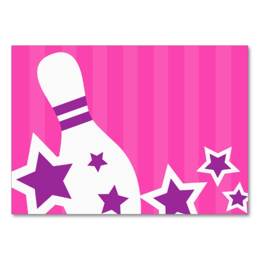 Bowling pin and purple stars on pink stripes business card 