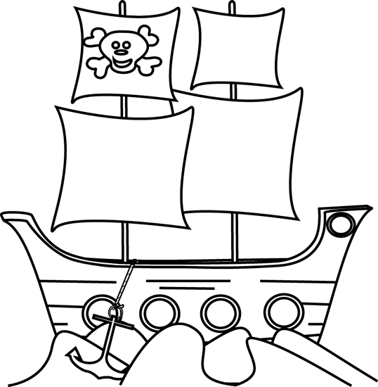 Black and White Pirate Ship in the Water Clip Art - Black and 